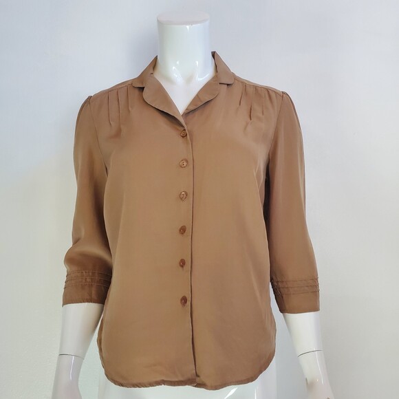 Vintage 80's Anna and Frank Brown Silk Button-Up Blouse S - Picture 1 of 5